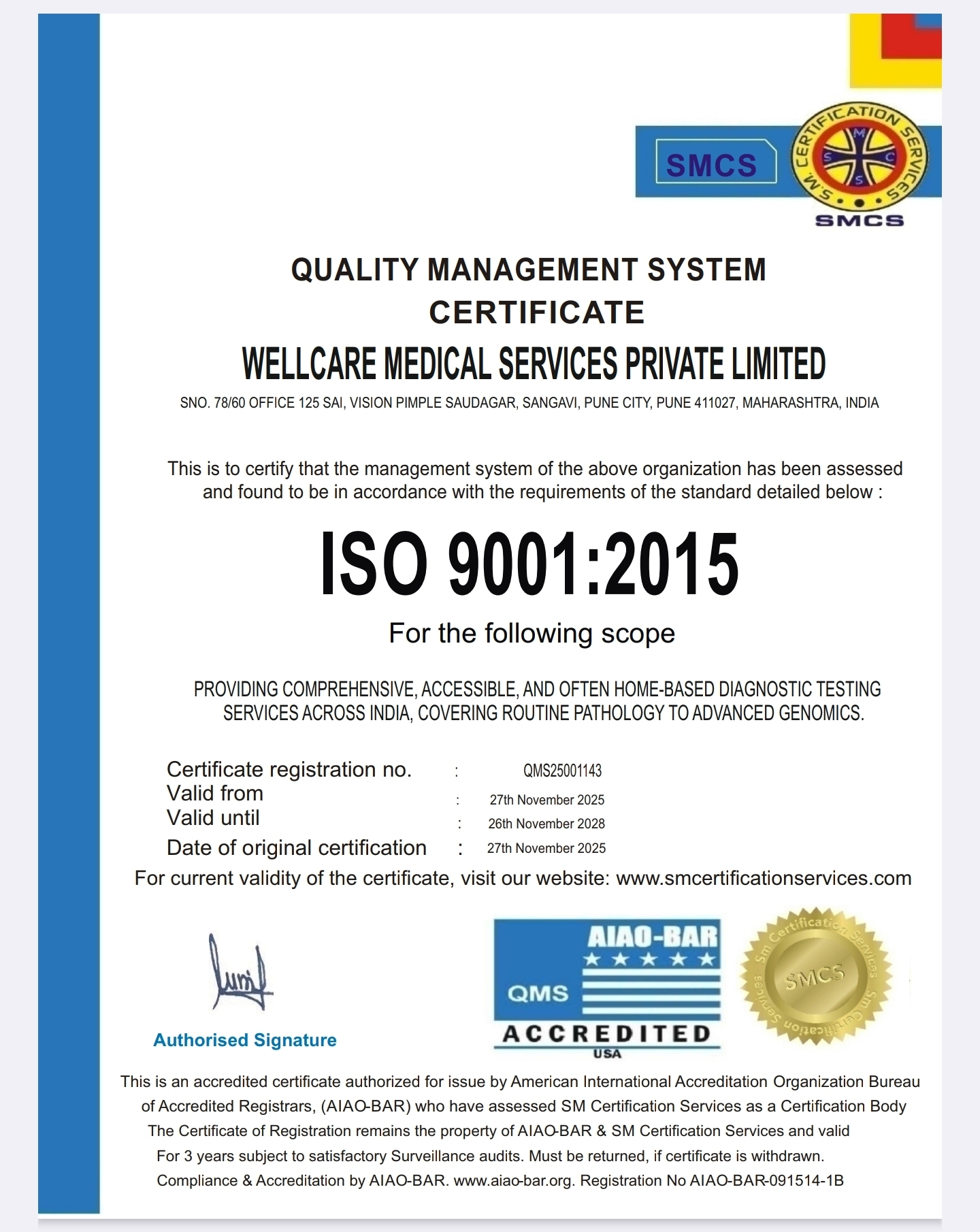 ISO 9001:2015 Certificate – Wellcare Labs